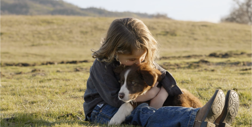 Girl hugging dog. Play video